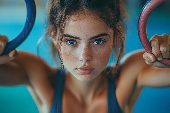Woman holding gymnast rings at the gym, Generative AI