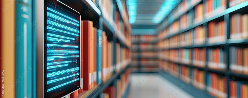 Poster Modern digital library with bookshelves and a digital screen displaying information.