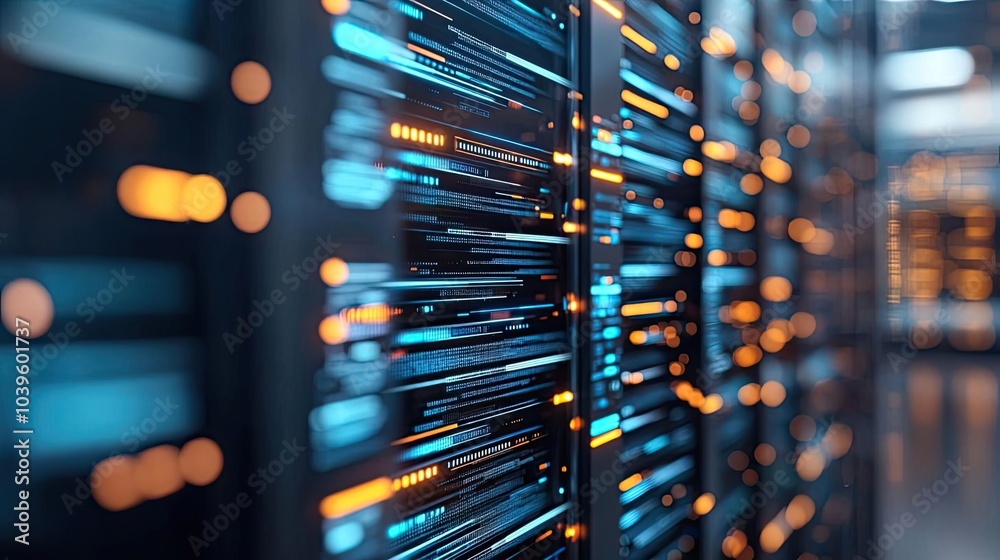 Poster close-up of a data center server with glowing led lights, modern technology background.