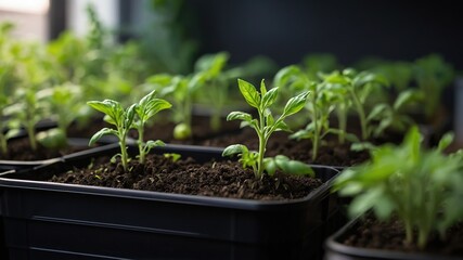 Tiny Tomato Plants Sprouting in Black Container - Closeup