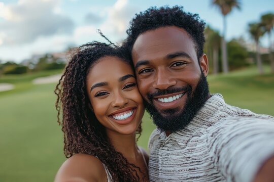 Happy young couple taking selfie at golf course, Generative AI