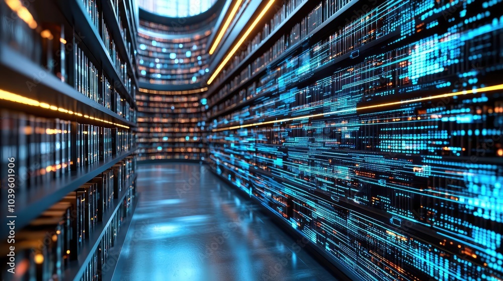 Aufkleber Futuristic digital library with glowing data, blurred rows of data servers.