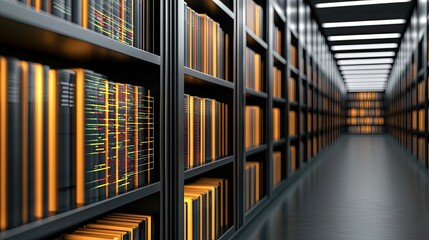 Obraz premium Modern library interior with shelves filled with books, perspective view.