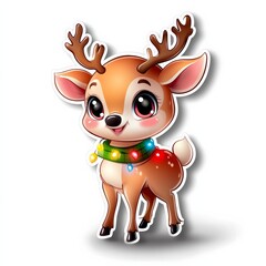 Adorable cartoon reindeer wearing a colorful scarf with glowing lights, radiating festive holiday spirit and joy in its cheerful expression.