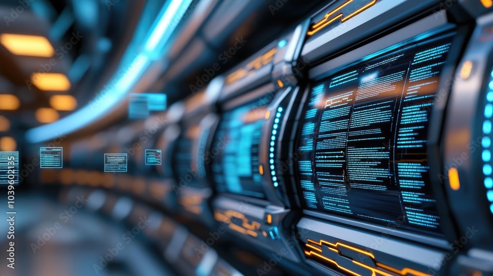 Poster futuristic data center with glowing lines and digital interfaces, blue and black tones.