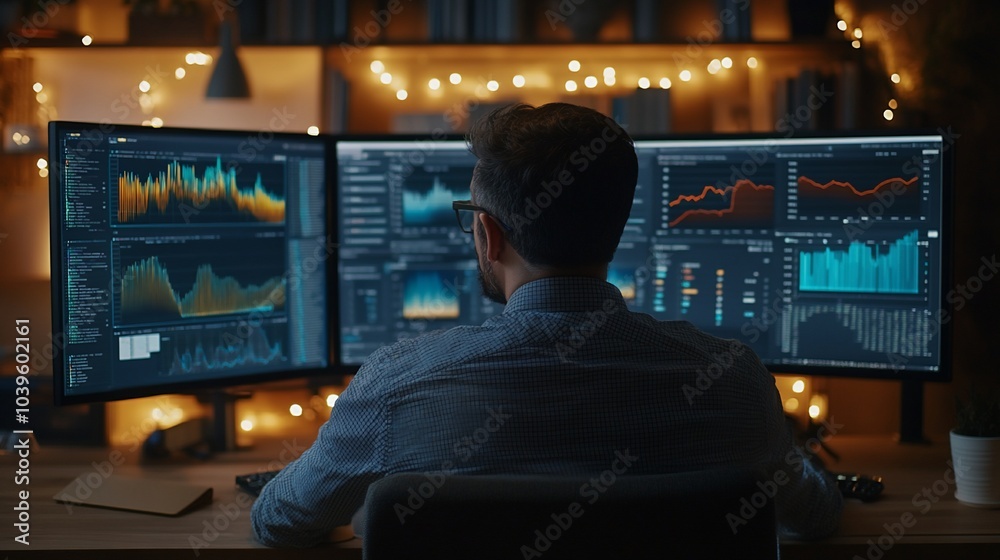 Poster a businessman working late at night, analyzing financial data on multiple computer screens in a diml