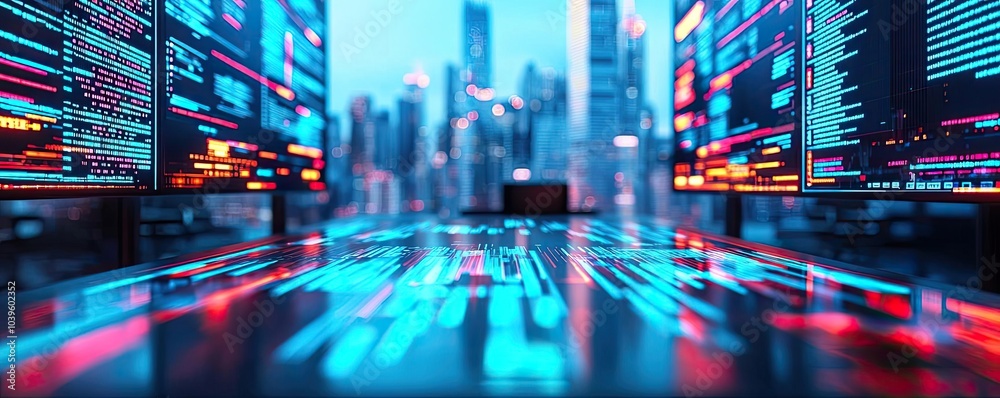 Poster futuristic data center with glowing screens and abstract cityscape background