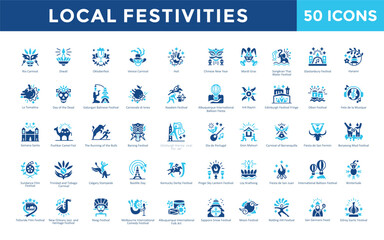 Local festivities icon set with rio carnival, diwali, oktoberfest, venice carnival, holi, chinese new year, mardi gras, songkran thai water festival, glastonbury festival icon. Simple flat vector   © Gravisio