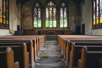 An eerie, abandoned church with broken stained glass windows, overgrown grass, and decaying pews, with space in the aisle for text, creating a haunting atmosphere of lost faith and solitude.
