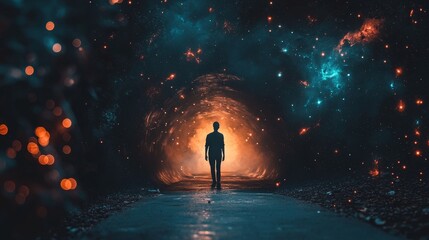 Fototapeta premium Cosmic Consciousness-Journey to Enlightenment: Celestial Passage,Gateway to the Universe,Stardust Soul.Concept of spiritual enlightenment, cosmic journey, personal transformation, inner peace.