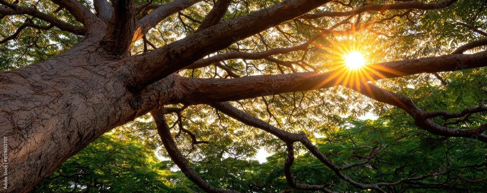 Poster Sunlight filtering through the branches of a majestic tree in a lush green environment.