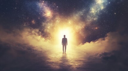 Obraz premium Cosmic Consciousness-Journey to Enlightenment: Celestial Passage,Gateway to the Universe,Stardust Soul.Concept of spiritual enlightenment, cosmic journey, personal transformation, inner peace.