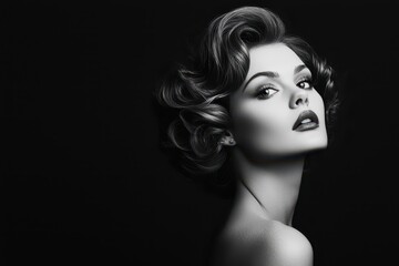 Fototapeta premium Radiant woman showcasing an intricately styled vintage hairstyle, embodying classic elegance and timeless beauty.