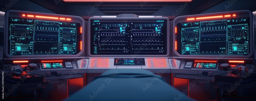 Poster Futuristic control room with glowing screens and advanced interfaces, dark theme.