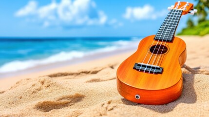 Fototapeta premium A small guitar is laying on the sand on a beach