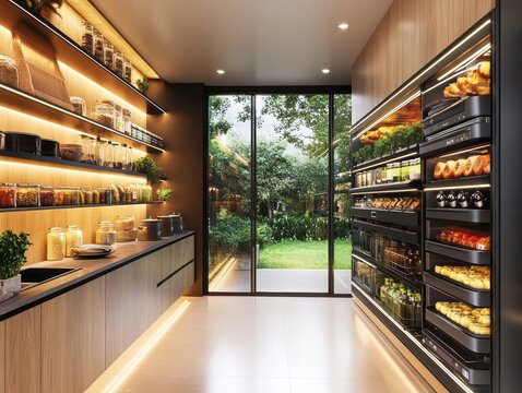 High-tech pantry equipped with smart storage solutions, like touch-activated lighting and automated shelves