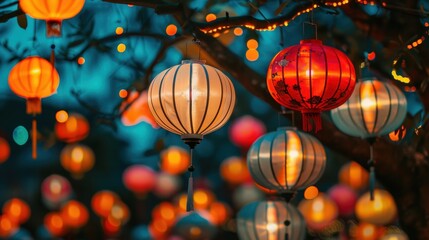 Colorful Asian Lanterns Illuminate Night Scene