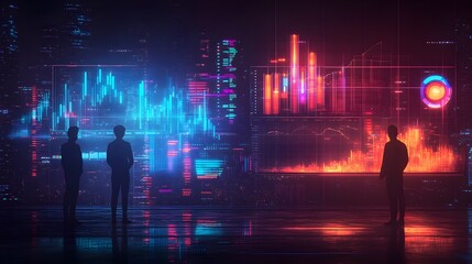 Obraz premium Silhouetted Figures Facing Digital Data Visualizations in a Nighttime Urban Landscape
