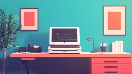 Retro Minimalist Workspace with Computer  Desk Lamp and Plant