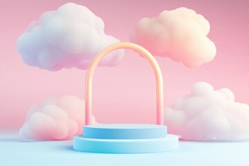 3D Cartoon Illustration with Dreamy Pastel Clouds and Archway