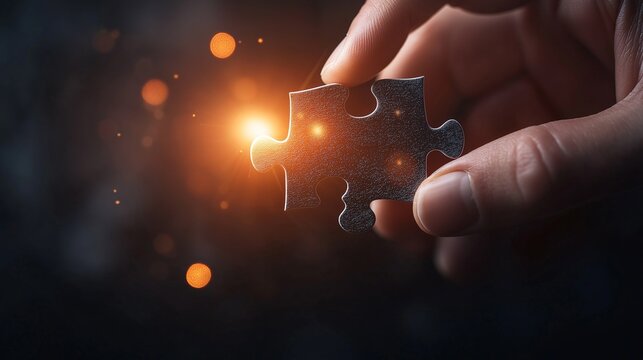 The Final Piece: A hand carefully places the final puzzle piece, completing the picture and symbolizing the achievement of a goal.  The warm light signifies the success and triumph. 
