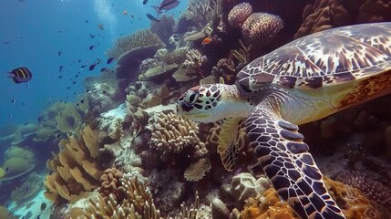 Fototapeta premium Underwater Moment with Hawksbill Sea Turtle