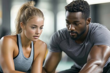 Fototapeta premium Male coach assisting woman in doing sit-ups at gym, Generative AI