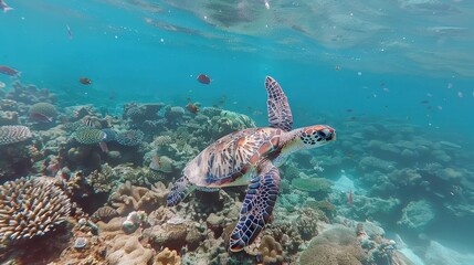 Underwater View of Hawksbill Sea Turtle Swimming