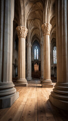 Fototapeta premium Inside of an ancient gothic cathedral with wooden floor and carved stone columns