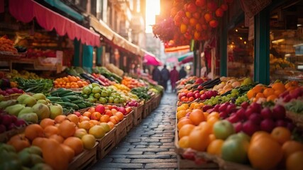 **Vibrant Market Street Abundance - Fruit & Vegetable Banner Wallpaper**