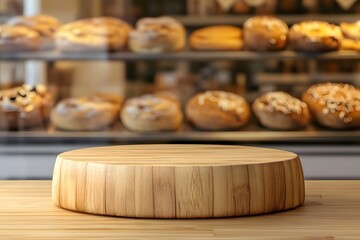 A wooden display stand in front of a bakery case filled with assorted baked goods.