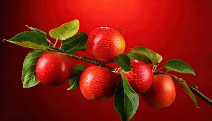 Apples on a branch on a red background