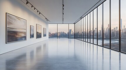 Obraz premium Modern Empty Gallery Room with Backlit Display Wall and City Skyline View