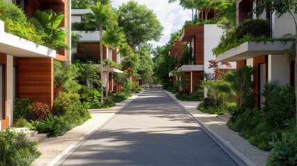 Tropical Modern Living: A picturesque street lined with contemporary townhouses, bathed in the warm glow of the tropical sun, offering a glimpse into a serene and stylish lifestyle.  