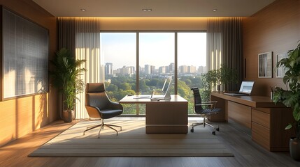 Fototapeta premium Modern Bright Office Interior with City Skyline View