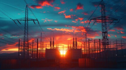 Majestic Sunset Illuminates a Network of Power Lines Against a Dramatic, Colorful Sky
