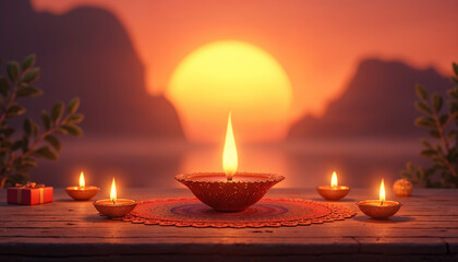 Glowing diya on a wooden table with intricate patterns, surrounded by lit candles and small gifts