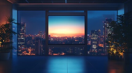 Stunning Panoramic City View from Modern Office Interior at Night