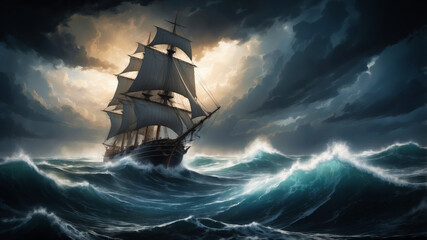 Atmospheric composition depicting a large sailing ship navigating through a turbulent sea