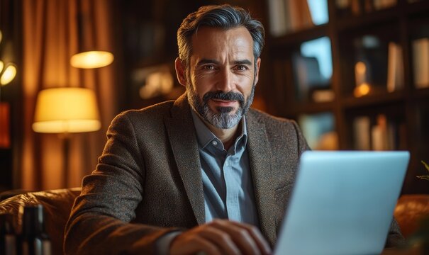 Businessman on video call with laptop computer, Generative AI