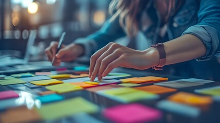 Obraz premium Collaborative Teamwork with Sticky Notes on Office Desk for Creative Brainstorming Session