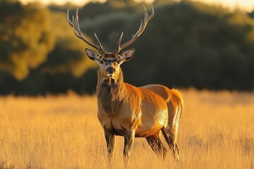 Obraz premium A lone deer grazes in a sun-drenched forest clearing.. Beautiful simple AI generated image