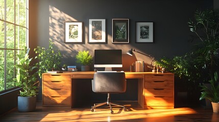 Cozy Modern Home Office with Laptop and Greenery Accents