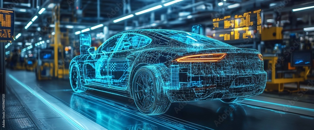 Poster a digital outline of a futuristic car moves down a factory assembly line.
