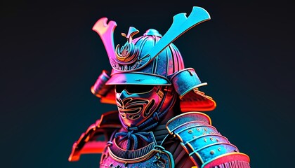 Neon-glowing samurai helmet with glowing engravings