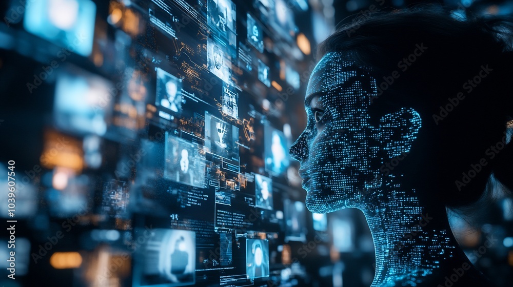 Poster a digital representation of a woman's face formed from data, in front of a screen of digital informa