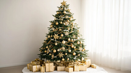  Urokliwa choinka bożonarodzeniowa, udekorowana złotymi ornamentami, przyciąga wzrok swoją elegancją. 