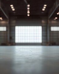 A spacious hangar interior with a large window, emphasizing openness and light.