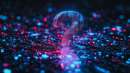 A glowing blue and red question mark is on a black background. The image has a futuristic and mysterious vibe