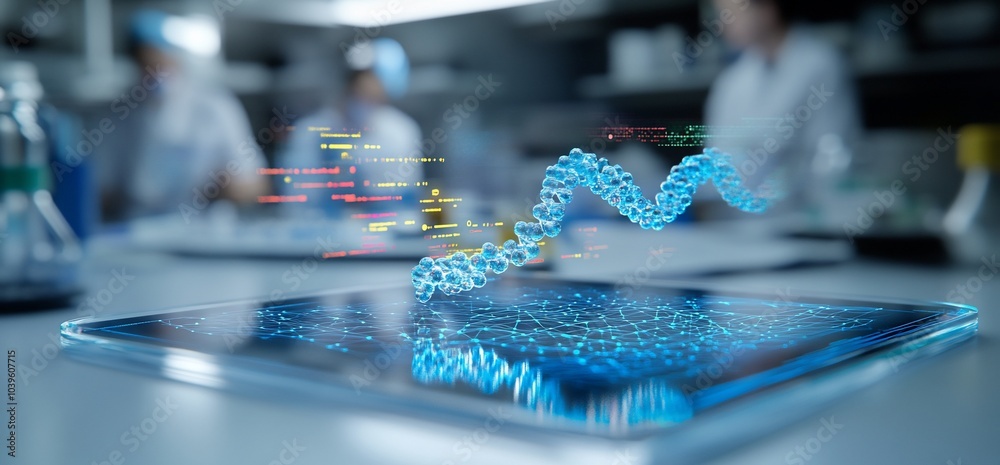 Poster A DNA double helix illustration floating over a tablet computer in a laboratory.